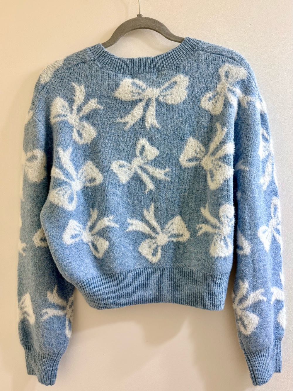 Jessica Simpson Allover Bow Cropped Crewneck Sweater Blue White S - Picture 5 of 11